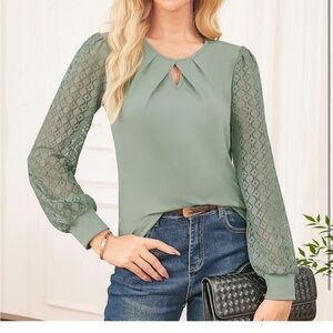 NWT Grace Karin Sage Green Lace Sleeve Women's Blouse
